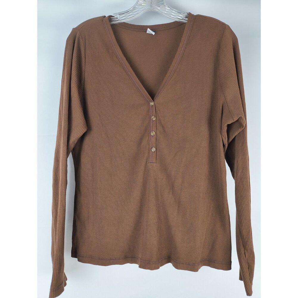 Old Navy Shirt Women's XL Brown Ribbed Henley Long Sleeve Stretch Neutral V Neck